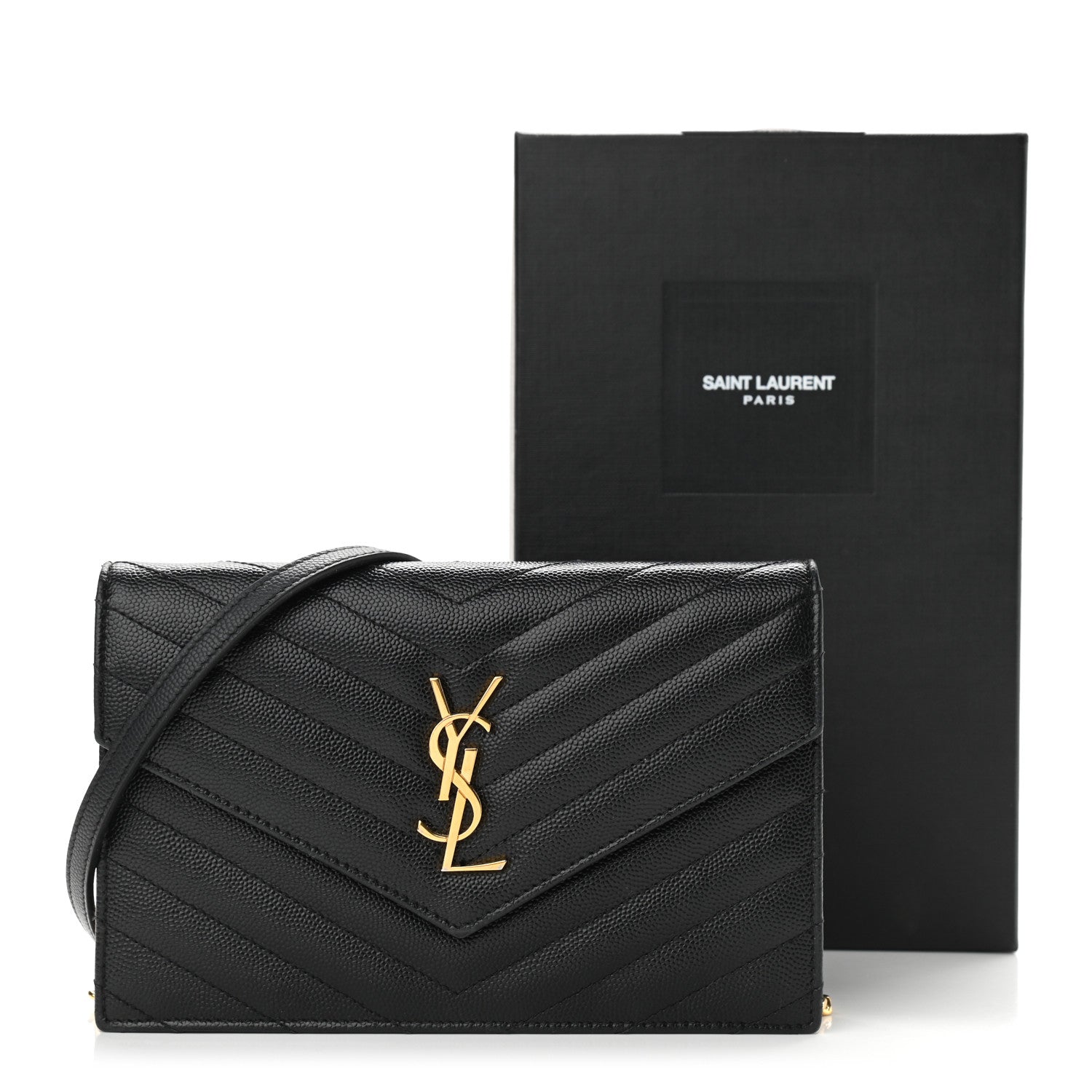 Saint Laurent Grain De Poudre Matelasse Chevron Monogram Envelope Chain Wallet Black 11 of 11
