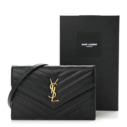 Saint Laurent Grain De Poudre Matelasse Chevron Monogram Envelope Chain Wallet Black 11 of 11