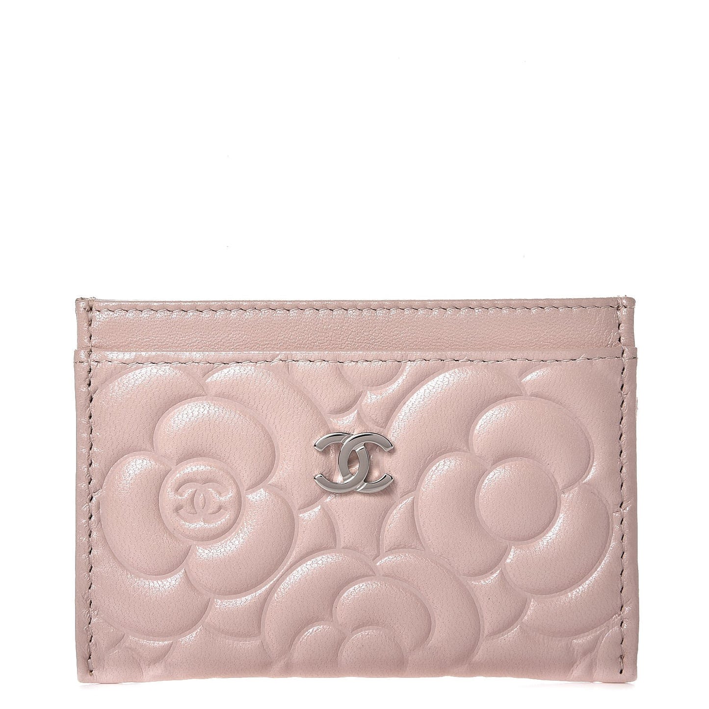 Lambskin Camellia Embossed Card Holder Nude