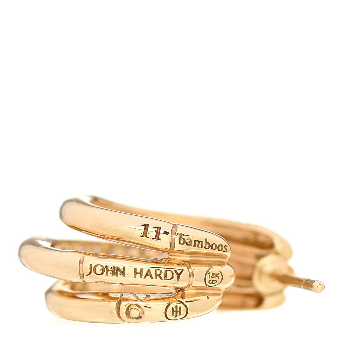 18K Yellow Gold Diamond Bamboo J Hoop Earrings