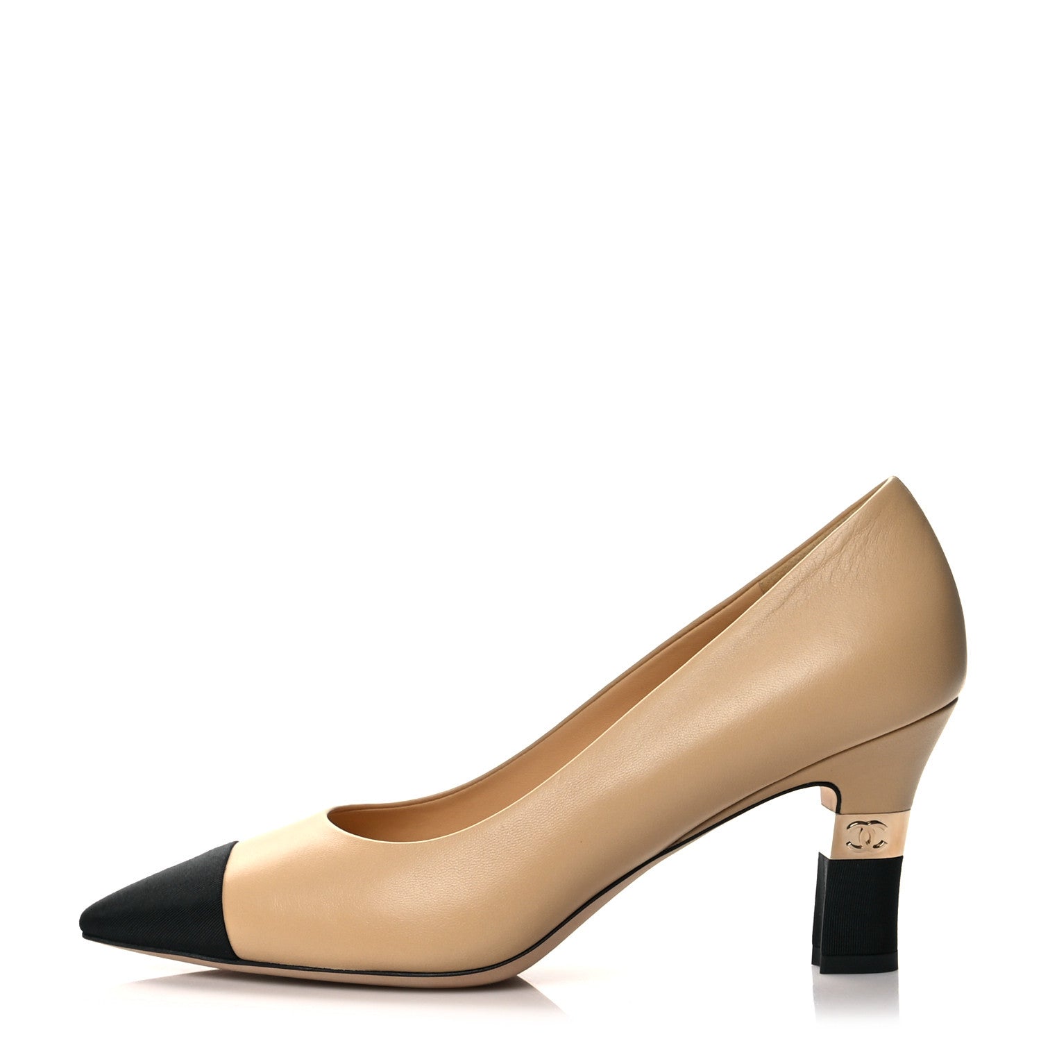 Chanel Lambskin Grosgrain Cap Toe CC Pumps 39 Beige Black 1 of 8