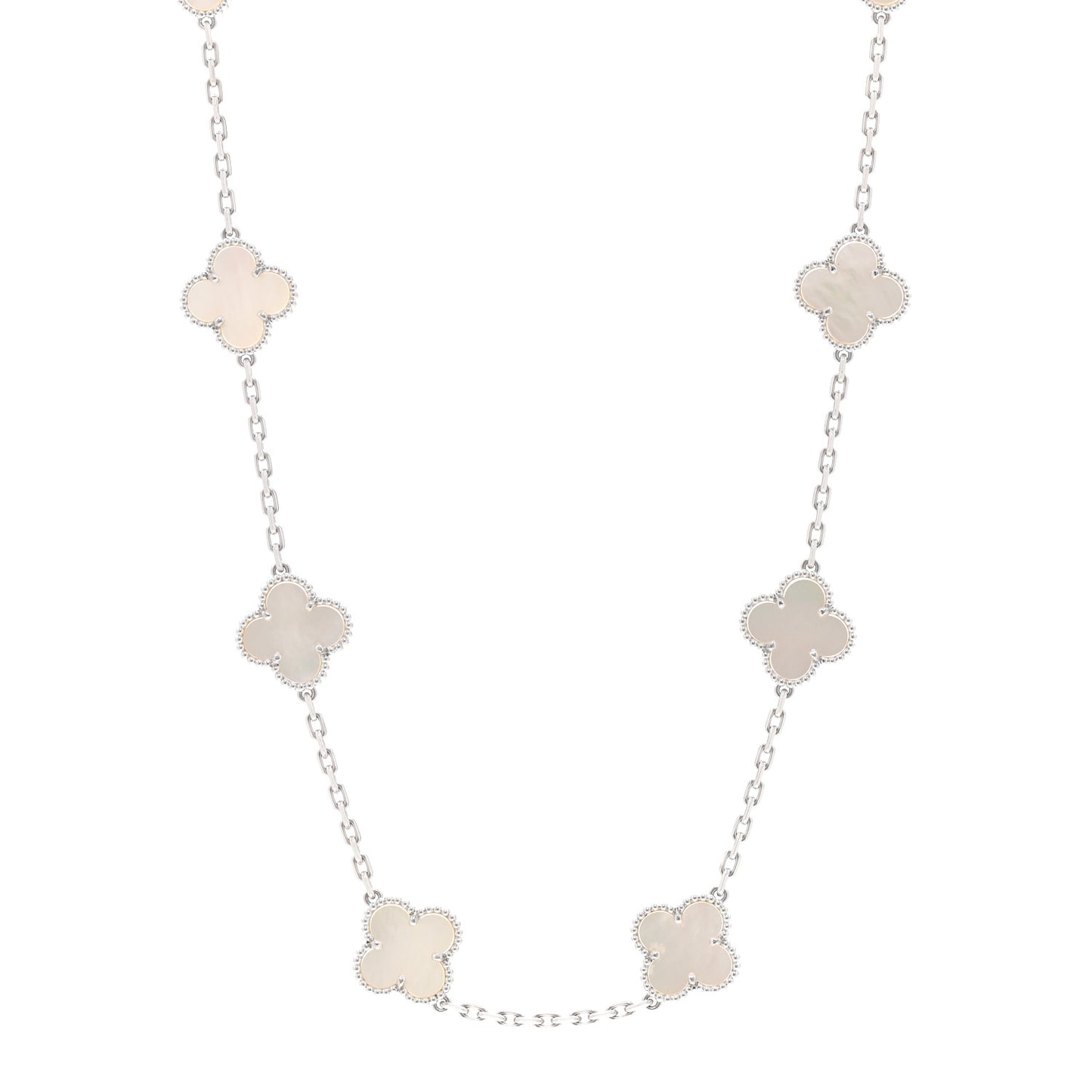 18K White Gold Mother of Pearl 10 Motifs Vintage Alhambra Necklace