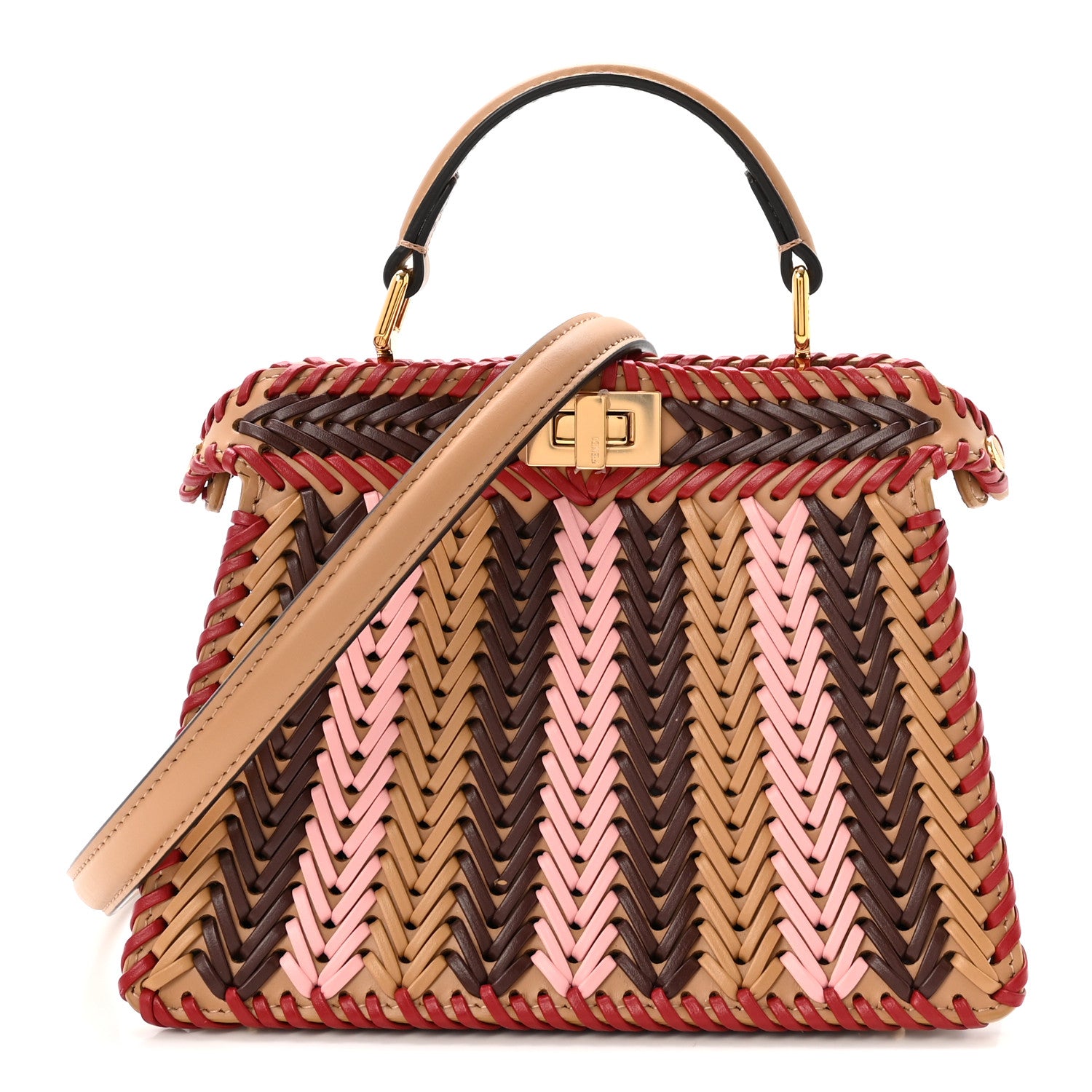 Fendi Vitello King Shiny Nappa Intreccio Petite Peekaboo I SEE U Satchel Miel Mogano Rosa Fragola 1 of 9