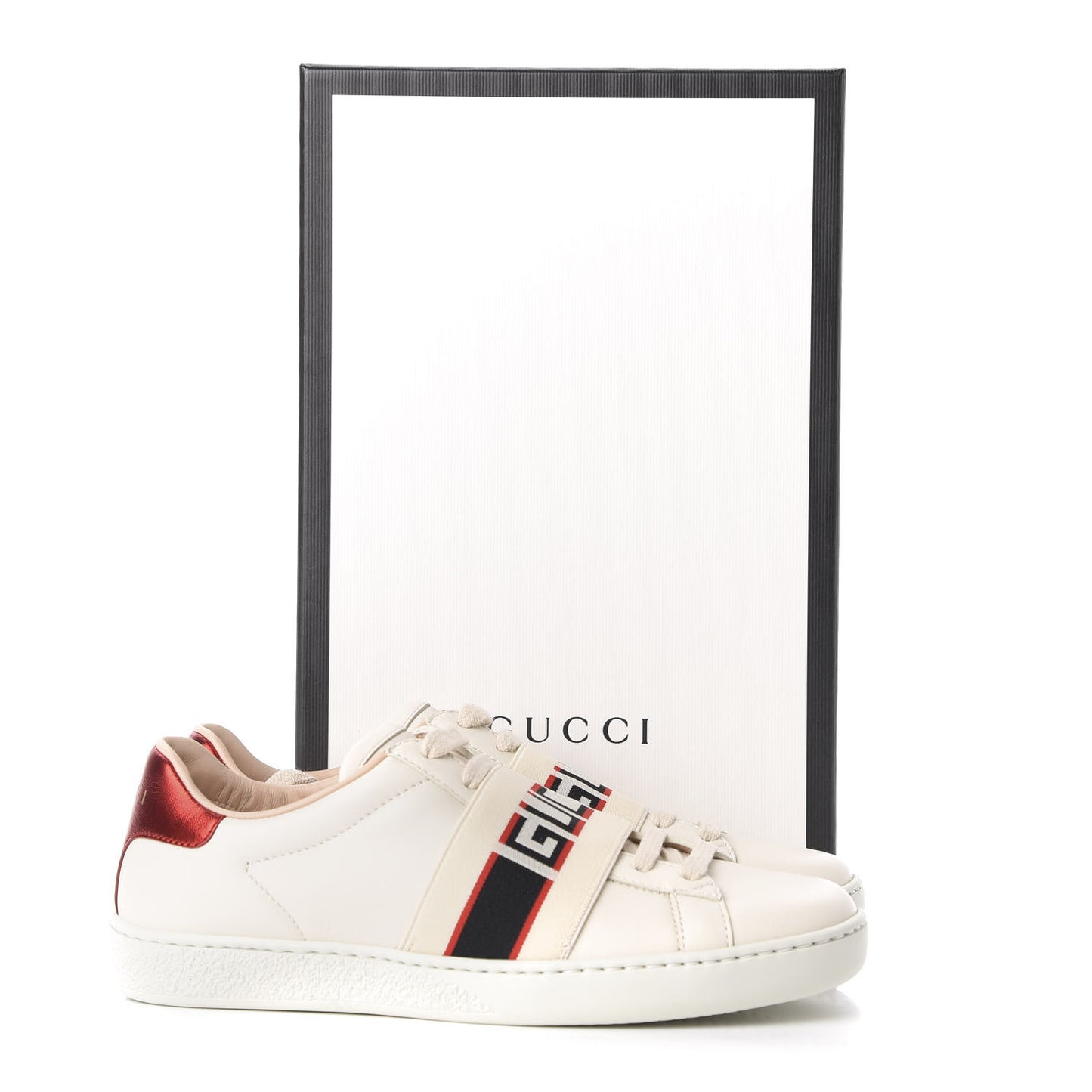 Calfskin Stripe Womens New Ace Sneakers 35 New Mystic White Ecru Red Flame