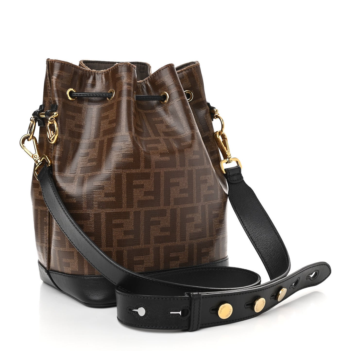 Glazed Fabric Vitello Grace F is Fendi FF 1974 Stamp Patch Grande Mon Tresor Bucket Bag Mogano Panna Black