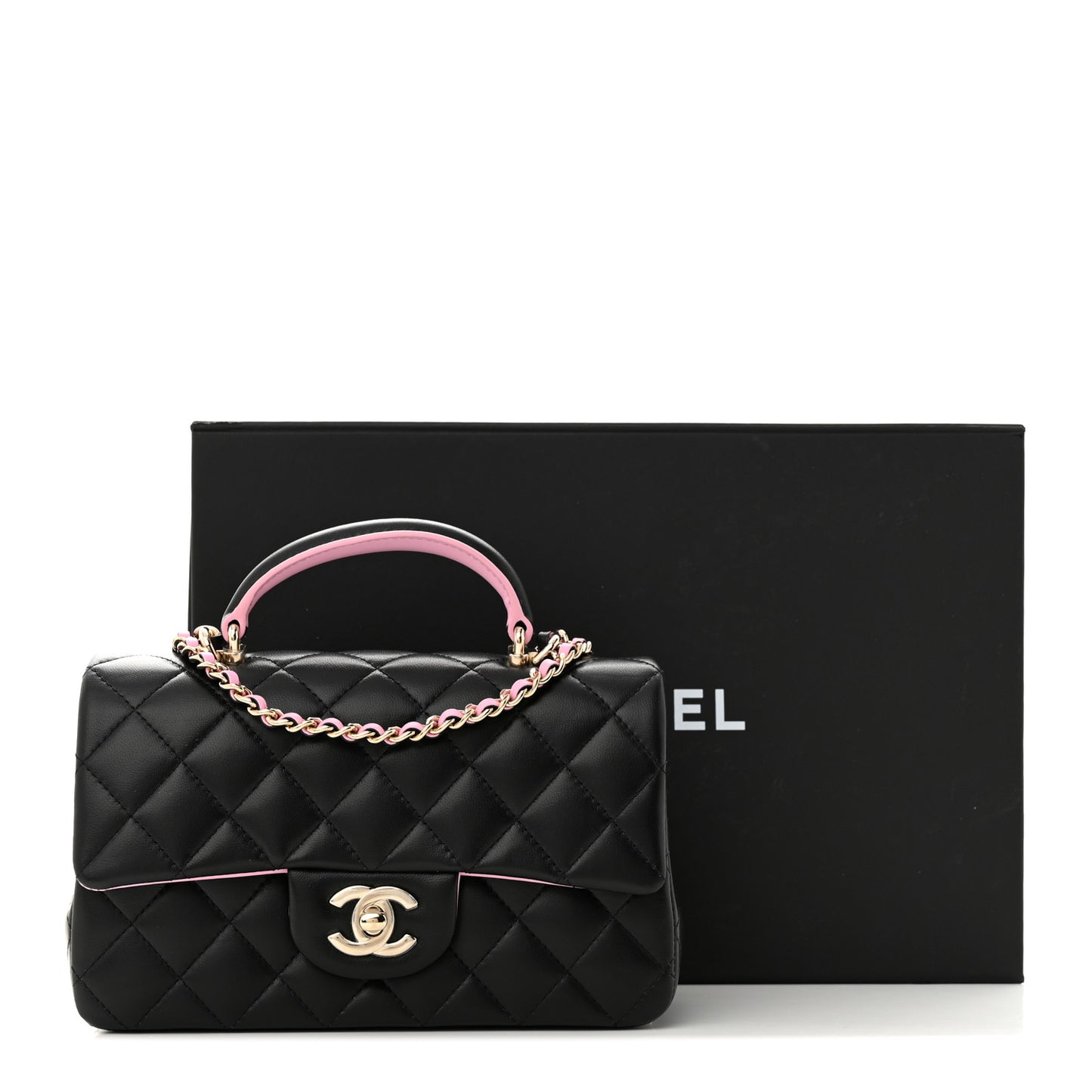 Lambskin Quilted Bi-Color Mini Top Handle Rectangular Flap Black Lilac