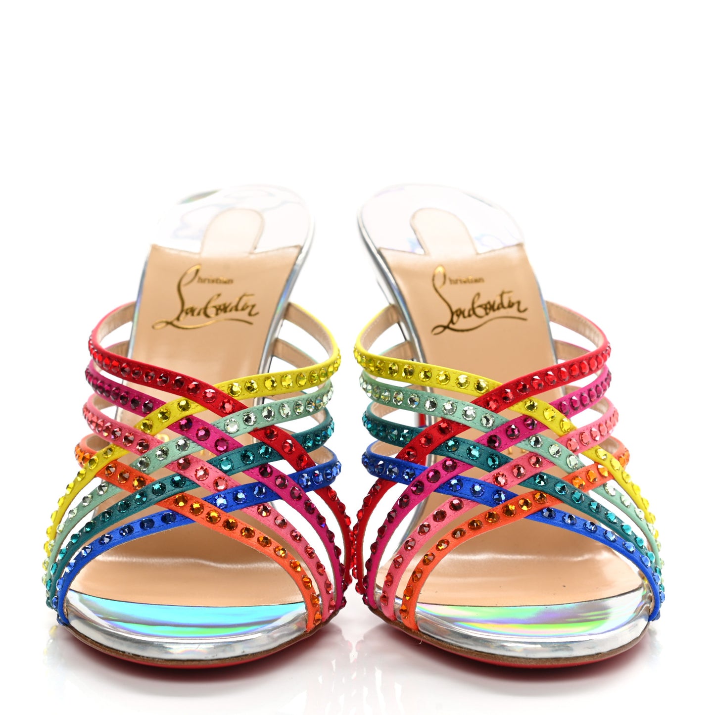 Specchio Calfskin Crystal Marthastrass 100 Slide Sandals 37.5 Silver Multicolor