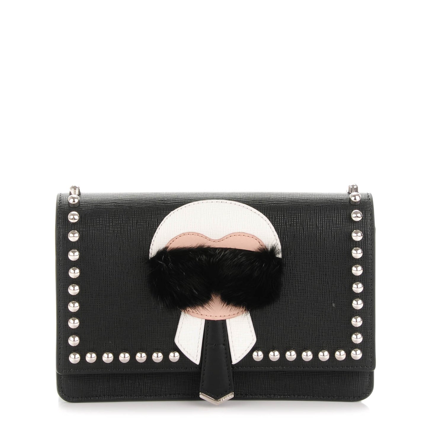 Vitello Elite Mink Fur Studded Karlito Tube Wallet on Chain Black