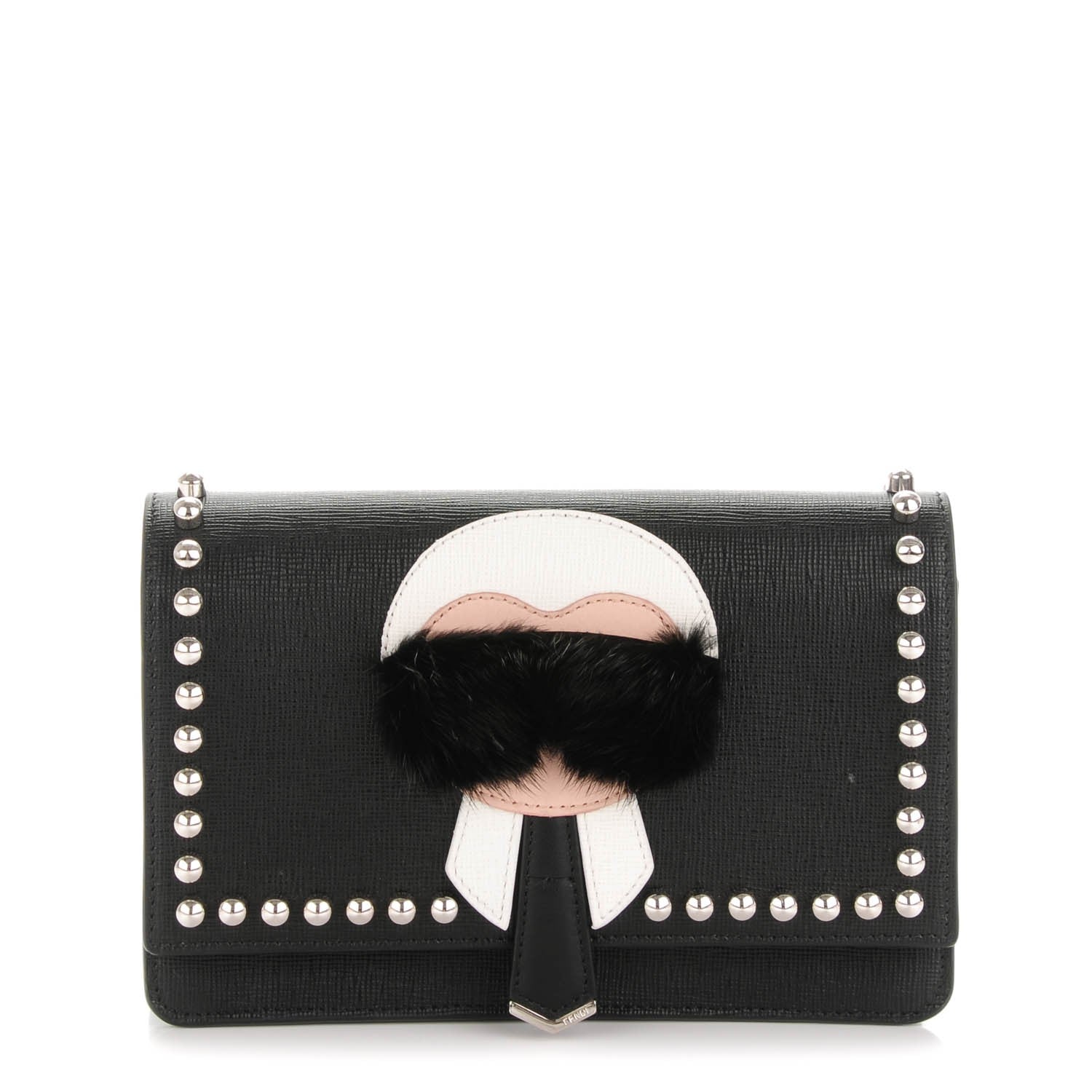 Fendi Vitello Elite Mink Fur Studded Karlito Tube Wallet on Chain Black 1 of 6