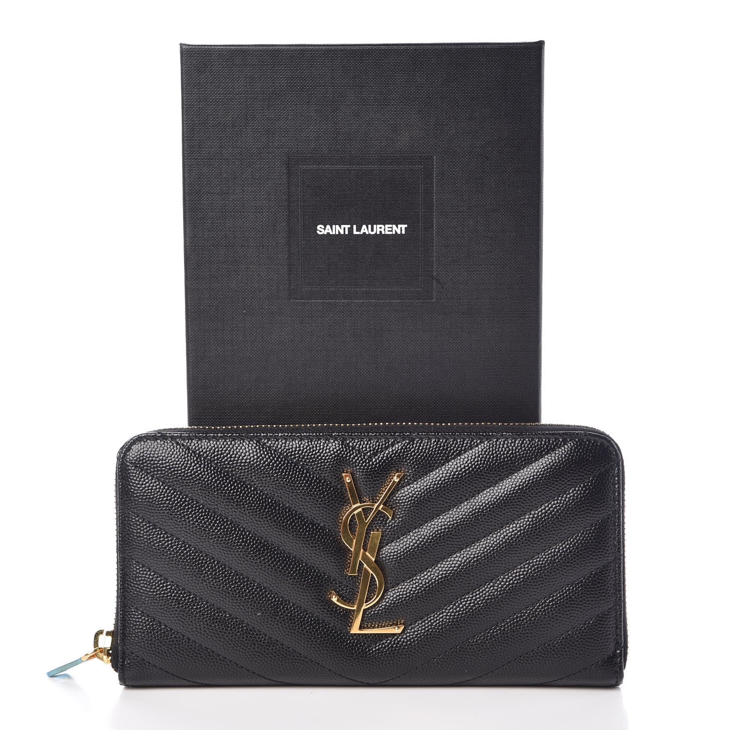 Saint Laurent Grain De Poudre Matelasse Chevron Monogram Zip Around Wallet Black 7 of 7