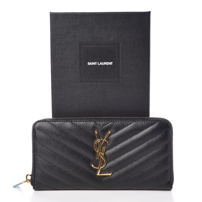 Saint Laurent Grain De Poudre Matelasse Chevron Monogram Zip Around Wallet Black 7 of 7