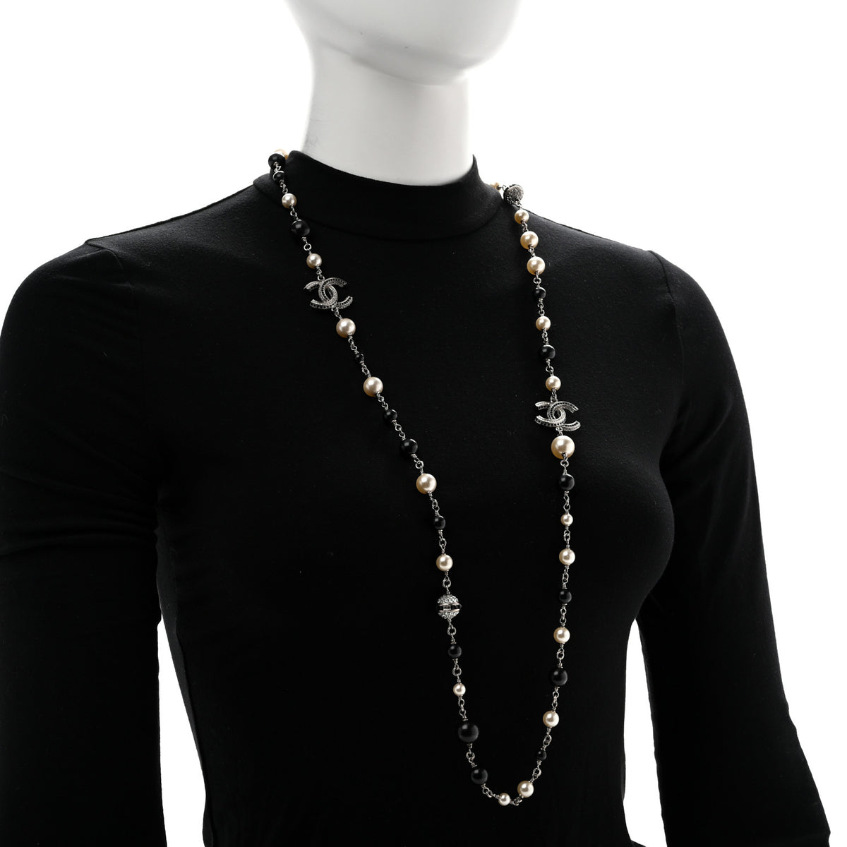 Chanel Metal Pearl Crystal Bead CC Long Necklace Silver Black 2 of 5