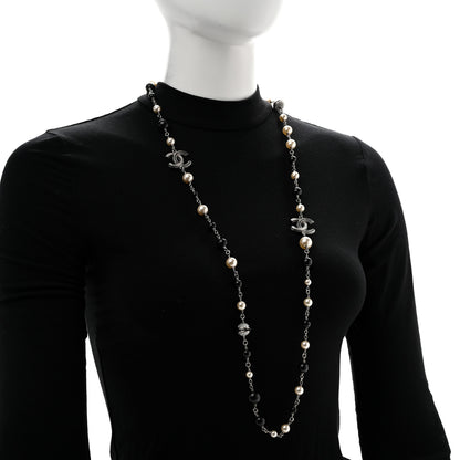Chanel Metal Pearl Crystal Bead CC Long Necklace Silver Black 2 of 5