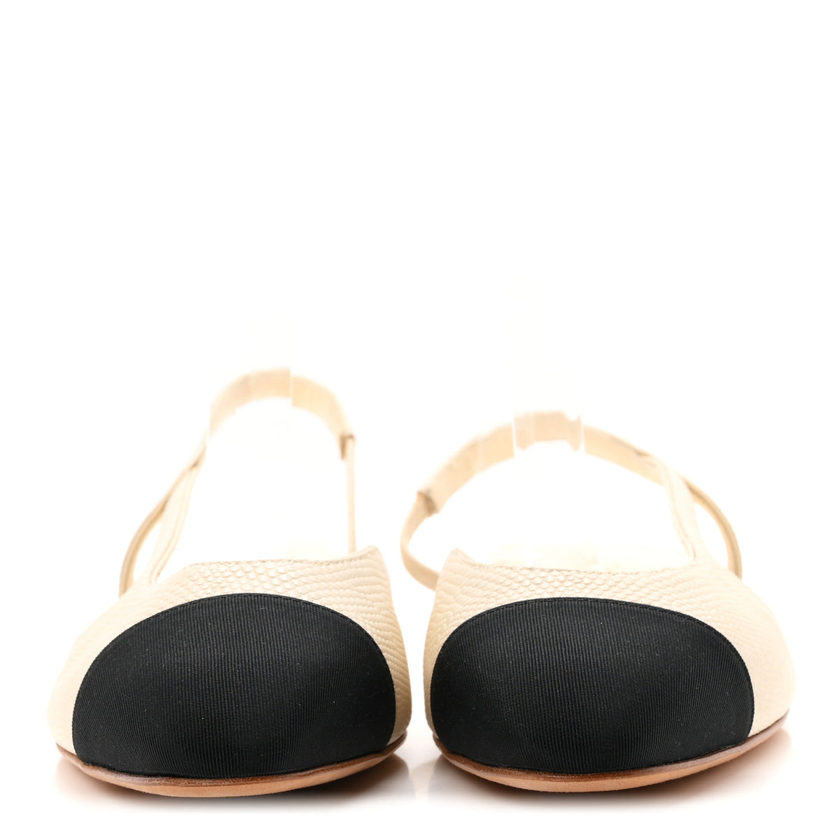 Chanel Lizard Grosgrain Cap Toe CC Slingback Flat 37.5 Ivory Black 3 of 9