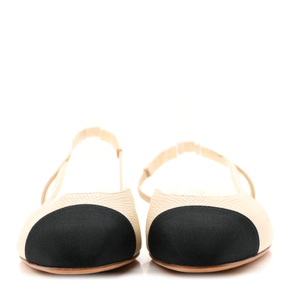 Chanel Lizard Grosgrain Cap Toe CC Slingback Flat 37.5 Ivory Black 3 of 9