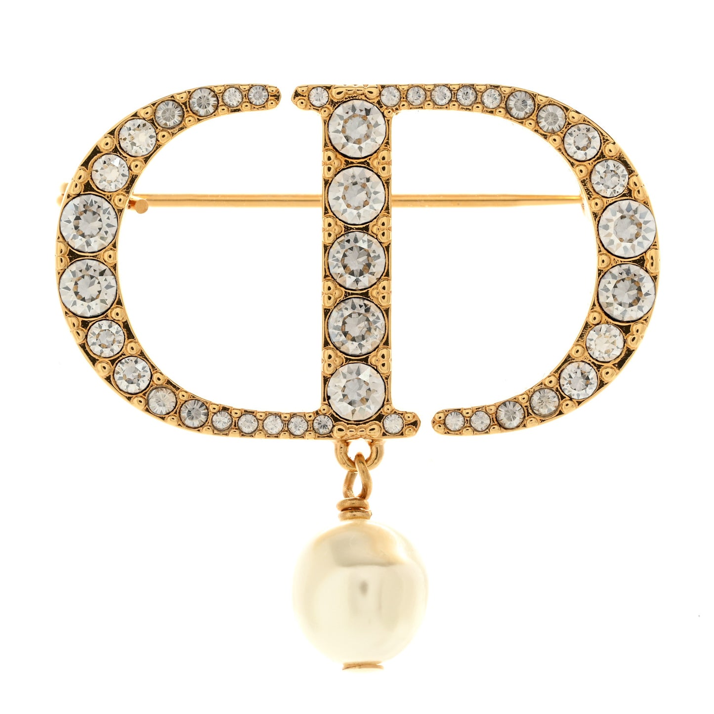 Crystal Pearl CD Logo Brooch Gold
