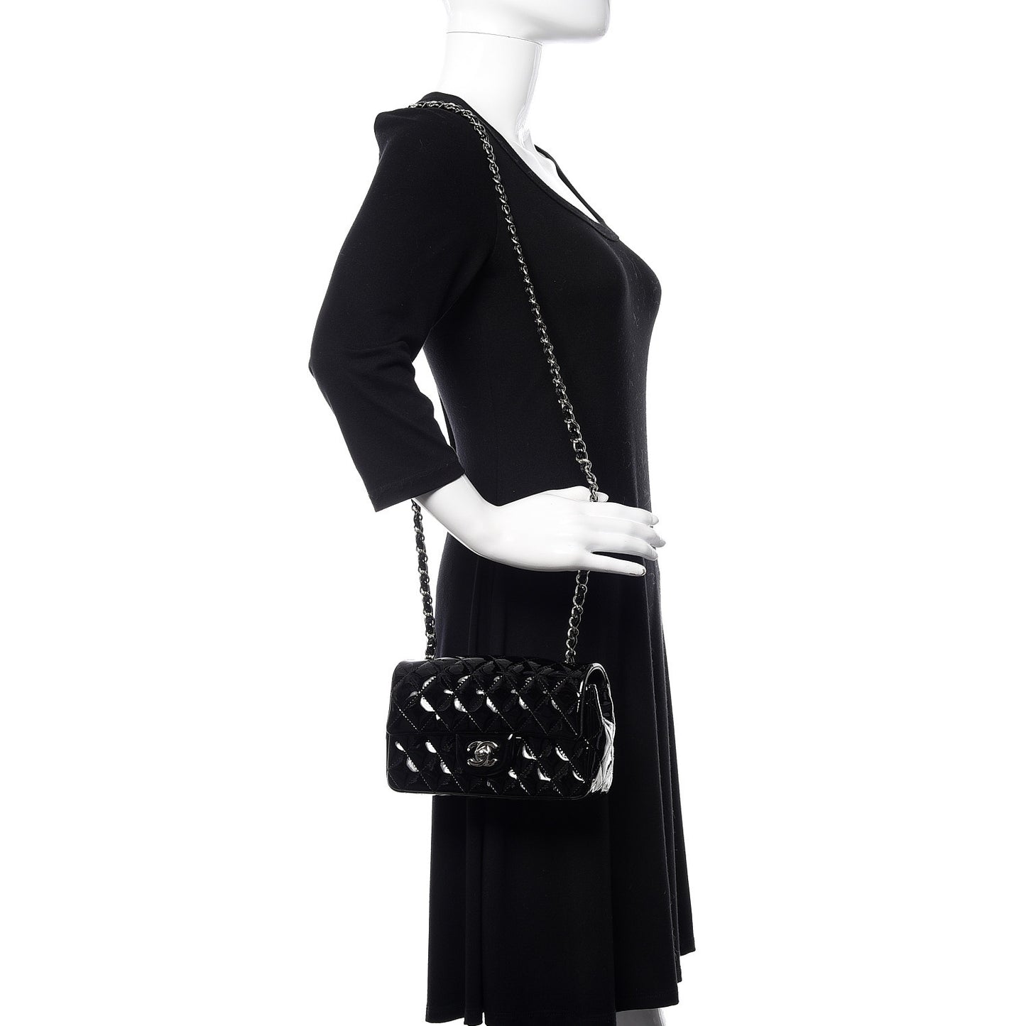 Patent Calfskin Quilted Mini Rectangular Flap Black