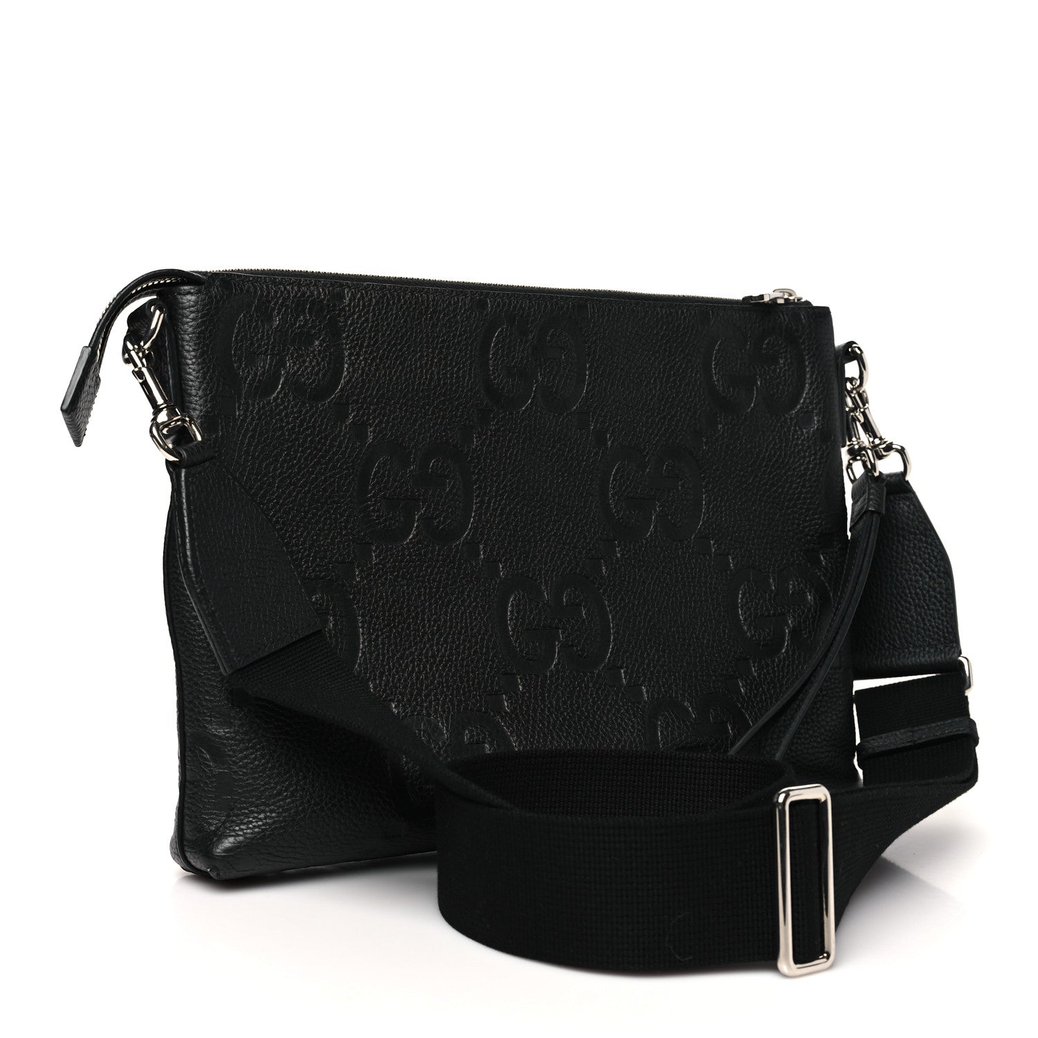 Gucci Piuma Calfskin Jumbo GG Embossed Medium Wristlet Messenger Bag Black 3 of 11