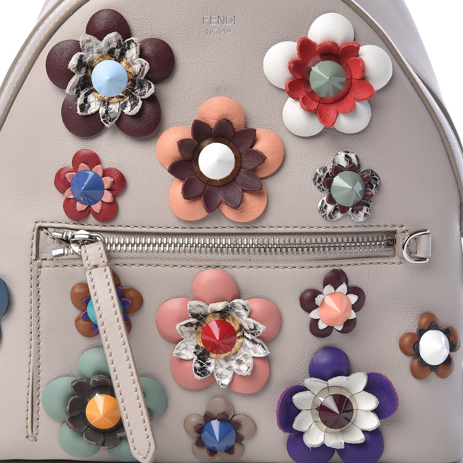Fendi Vitello Dolce Flowerland Studded Mini Backpack Grigio Polvere Multicolor 8 of 11