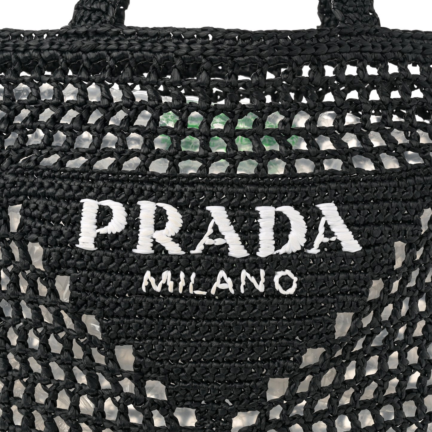 Yarn Raffia Effect Crochet Logo Embroidered Tote Bag Black