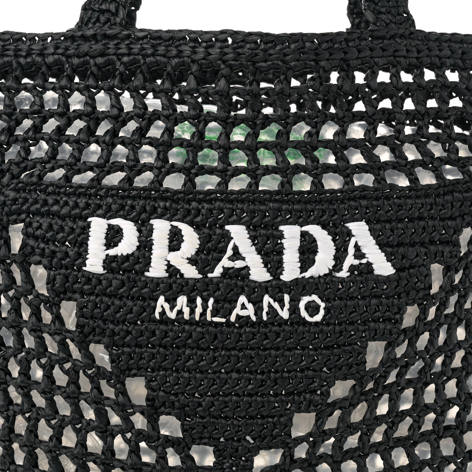 Prada Yarn Raffia Effect Crochet Logo Embroidered Tote Bag Black 8 of 10