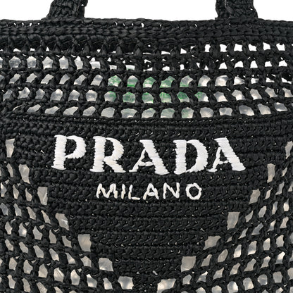 Prada Yarn Raffia Effect Crochet Logo Embroidered Tote Bag Black 8 of 10