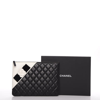 Chanel Lambskin Quilted Medium Camellia Cosmetic Case Black White 8 of 8