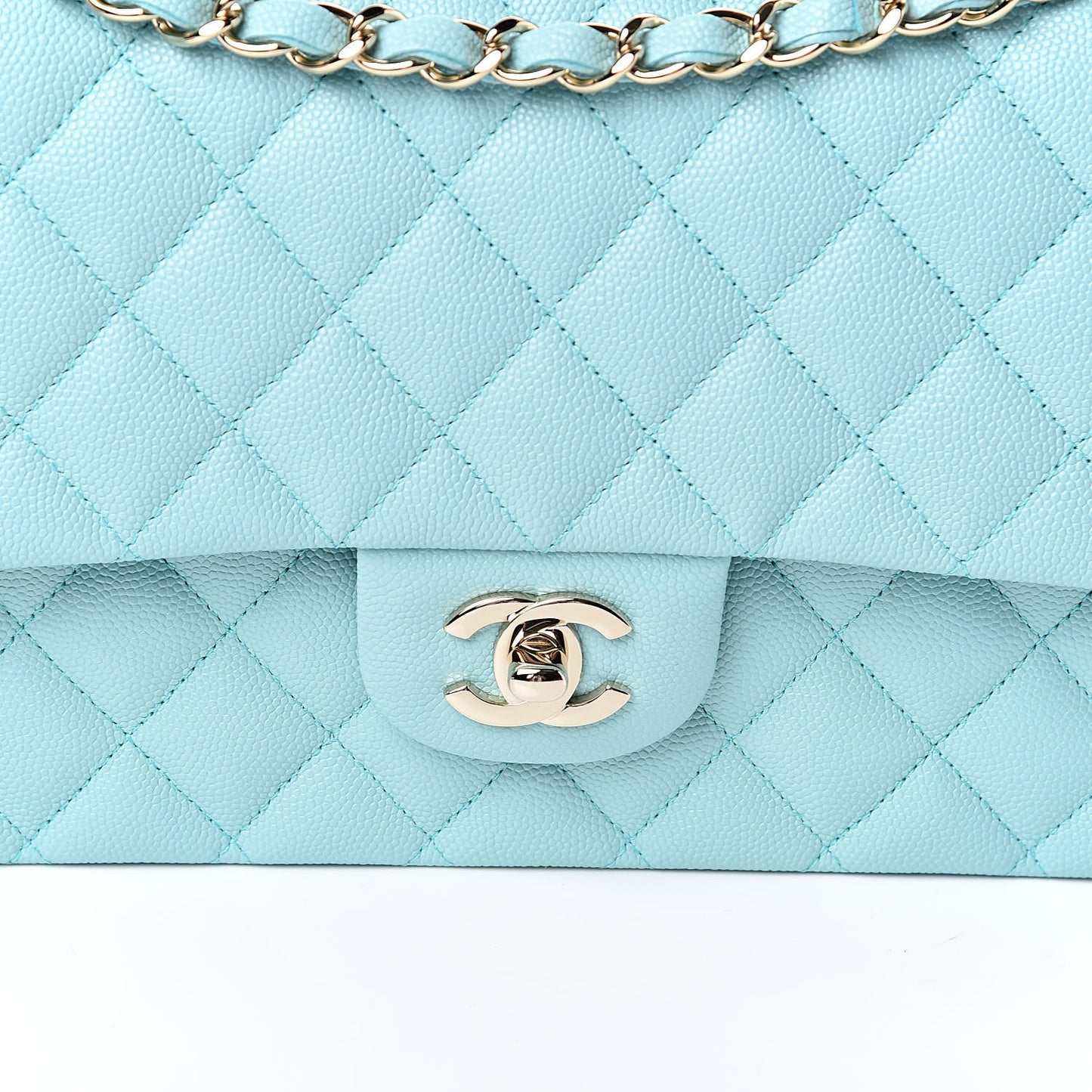 Caviar Quilted Medium Double Flap Light Blue