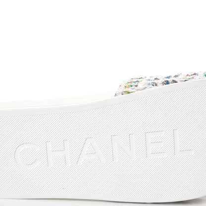 Chanel Tweed Grosgrain Camellia CC Flat Mules 38 Ecru Green Ivory 6 of 10