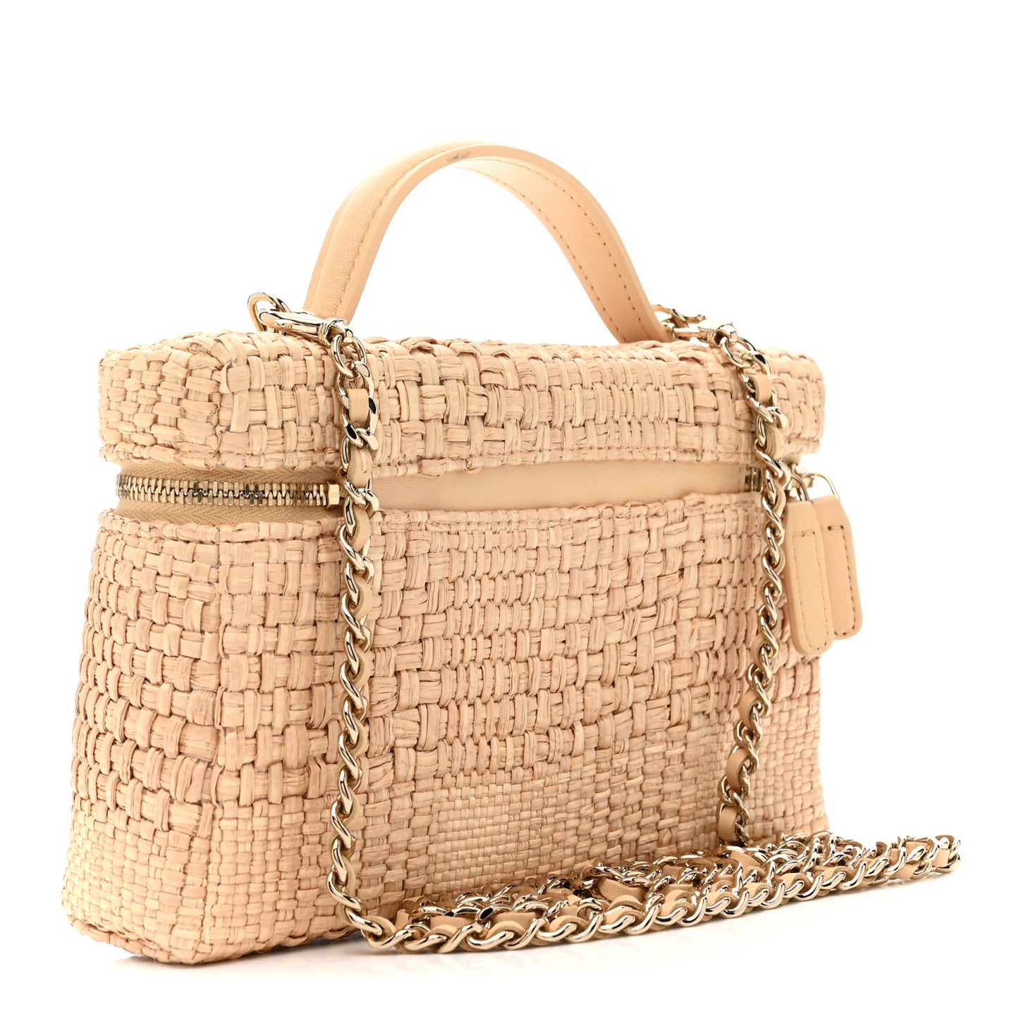 Braided Raffia Quilted Top Handle Slim Vanity Case With Chain Beige