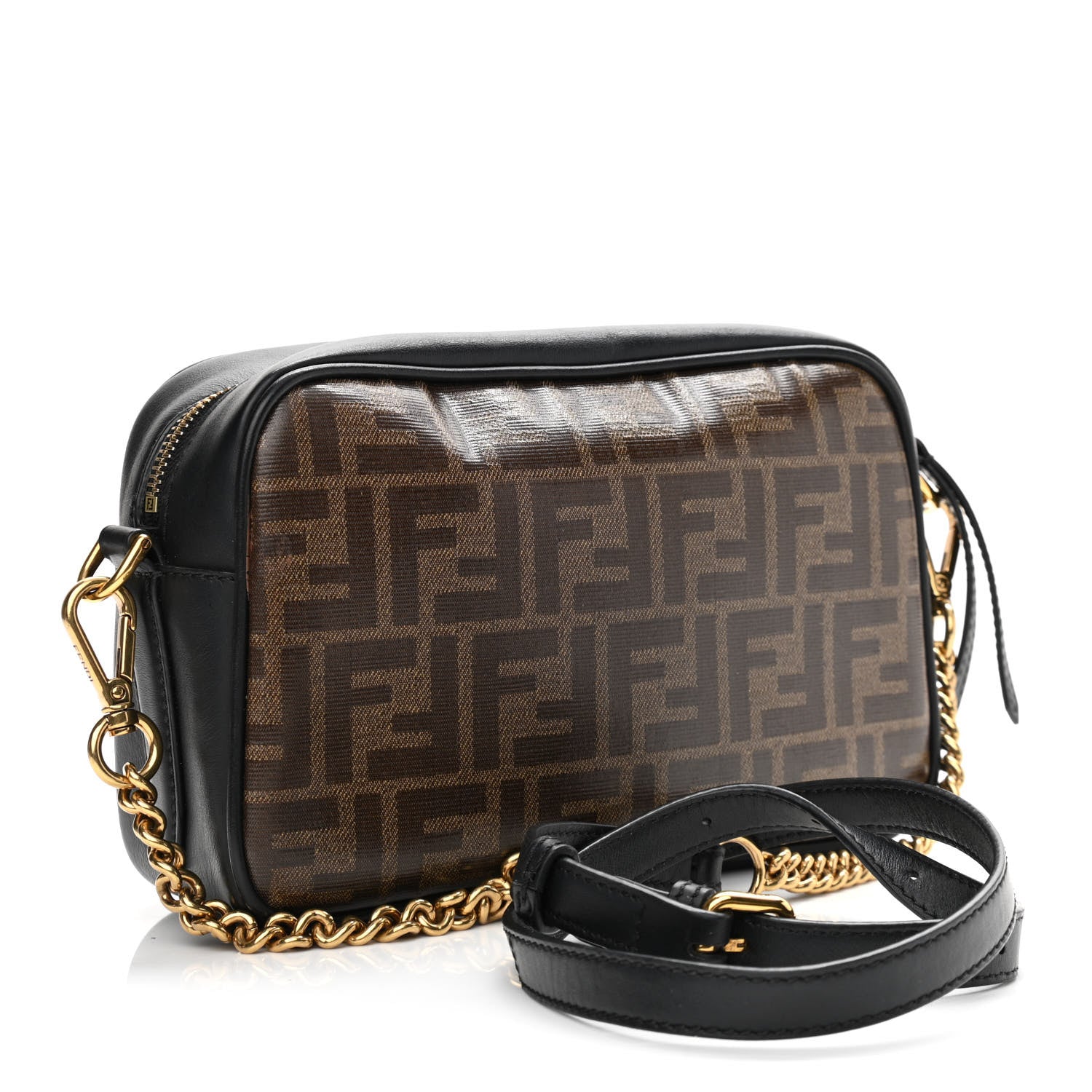 Fendi Glazed Fabric Vitello Century FF 1974 Stamp Patch Camera Case Mogano Panna Black 3 of 10
