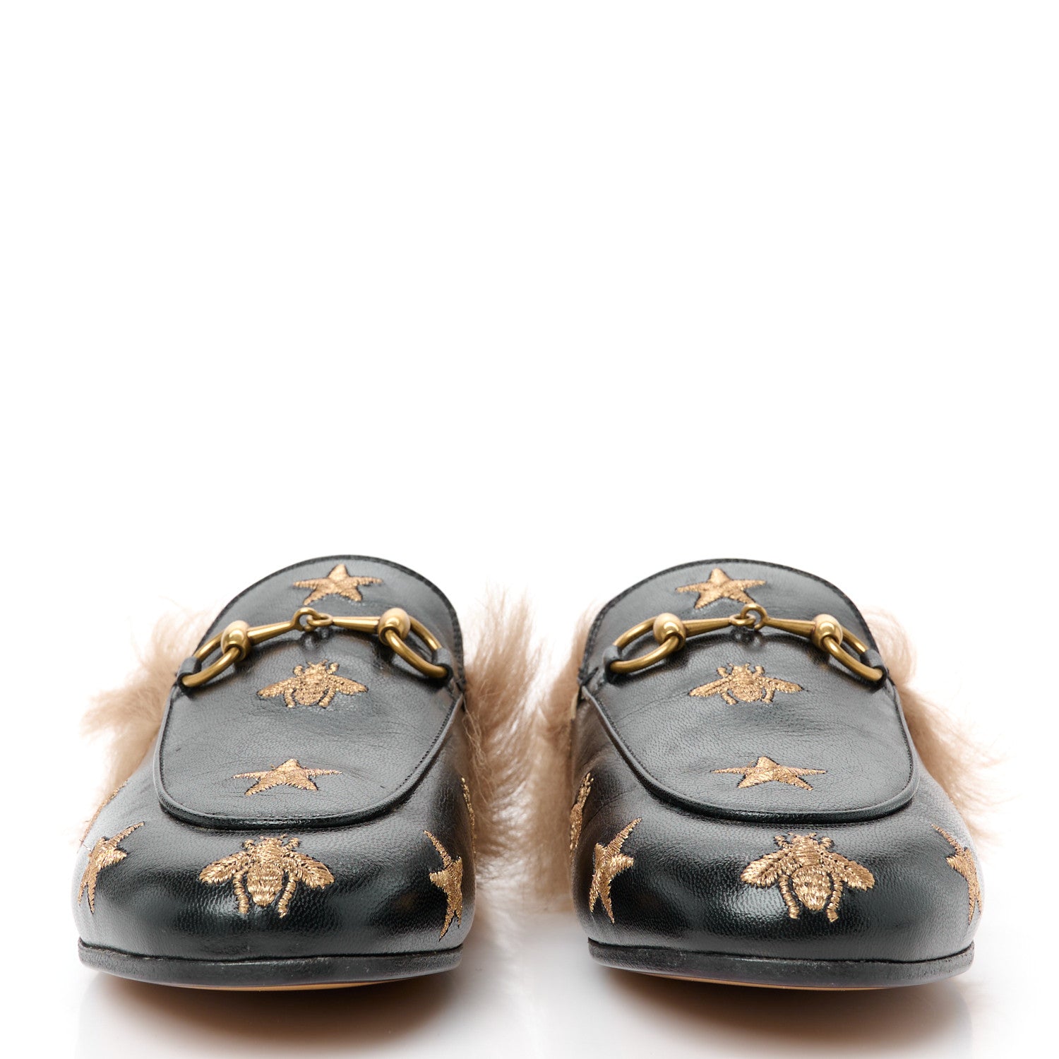 GUCCI★ 裏張り済みBeeパンプス★ Gucci Goatskin Fur Bee Star Embroidered Womens Princetown Slippers