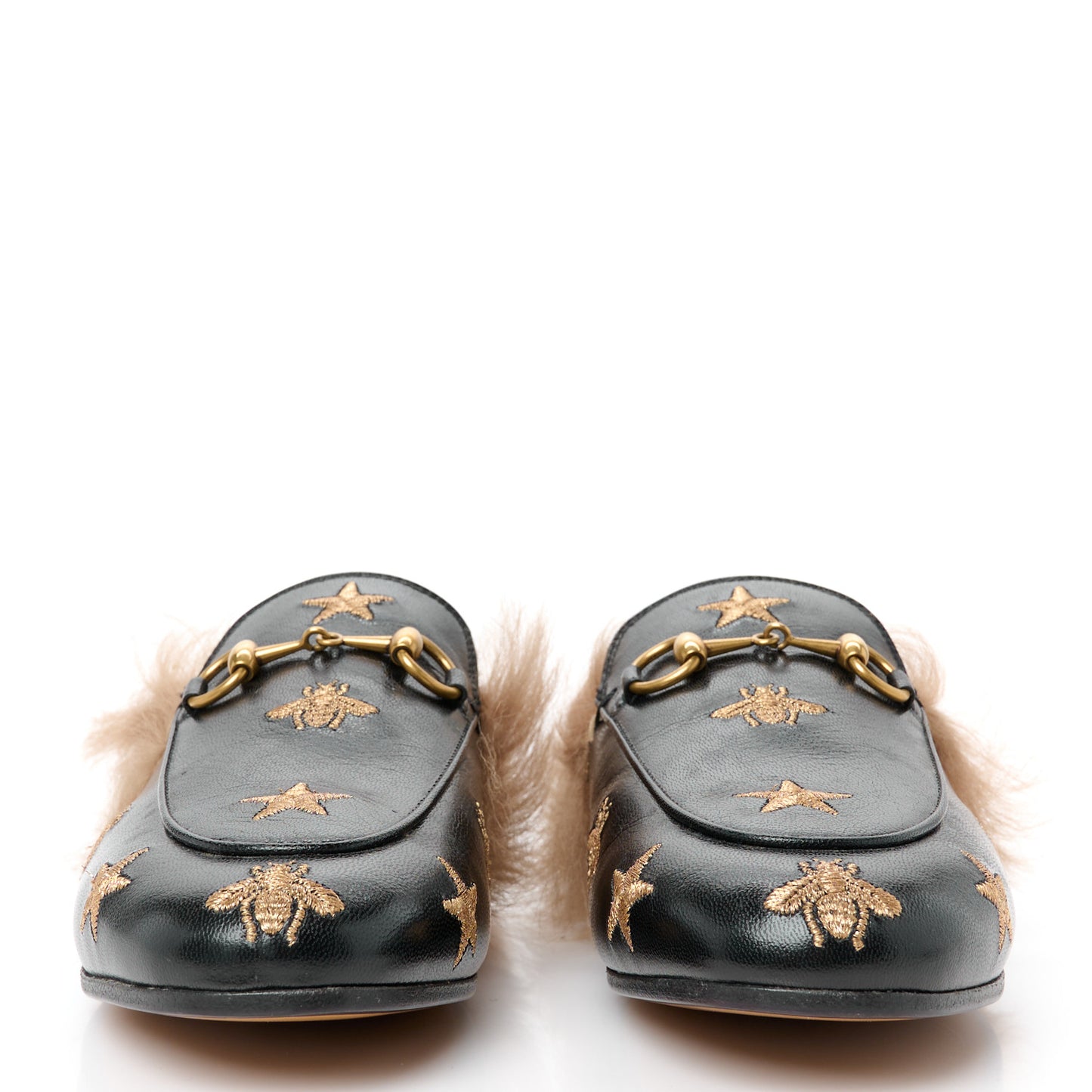 Goatskin Fur Bee Star Embroidered Womens Princetown Slippers 35.5 Black