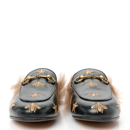 Gucci Goatskin Fur Bee Star Embroidered Womens Princetown Slippers 35.5 Black 3 of 9
