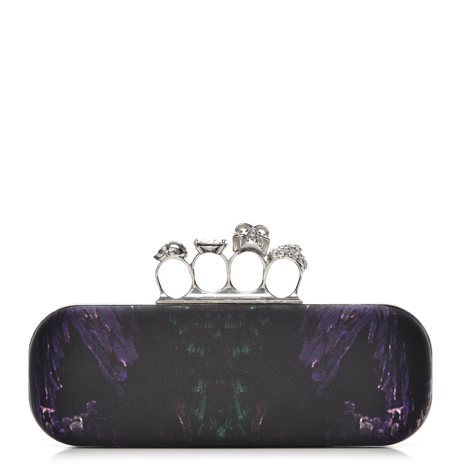 Alexander McQueen Silk Moth Print Knucklebox Clutch Black Purple 1 of 8