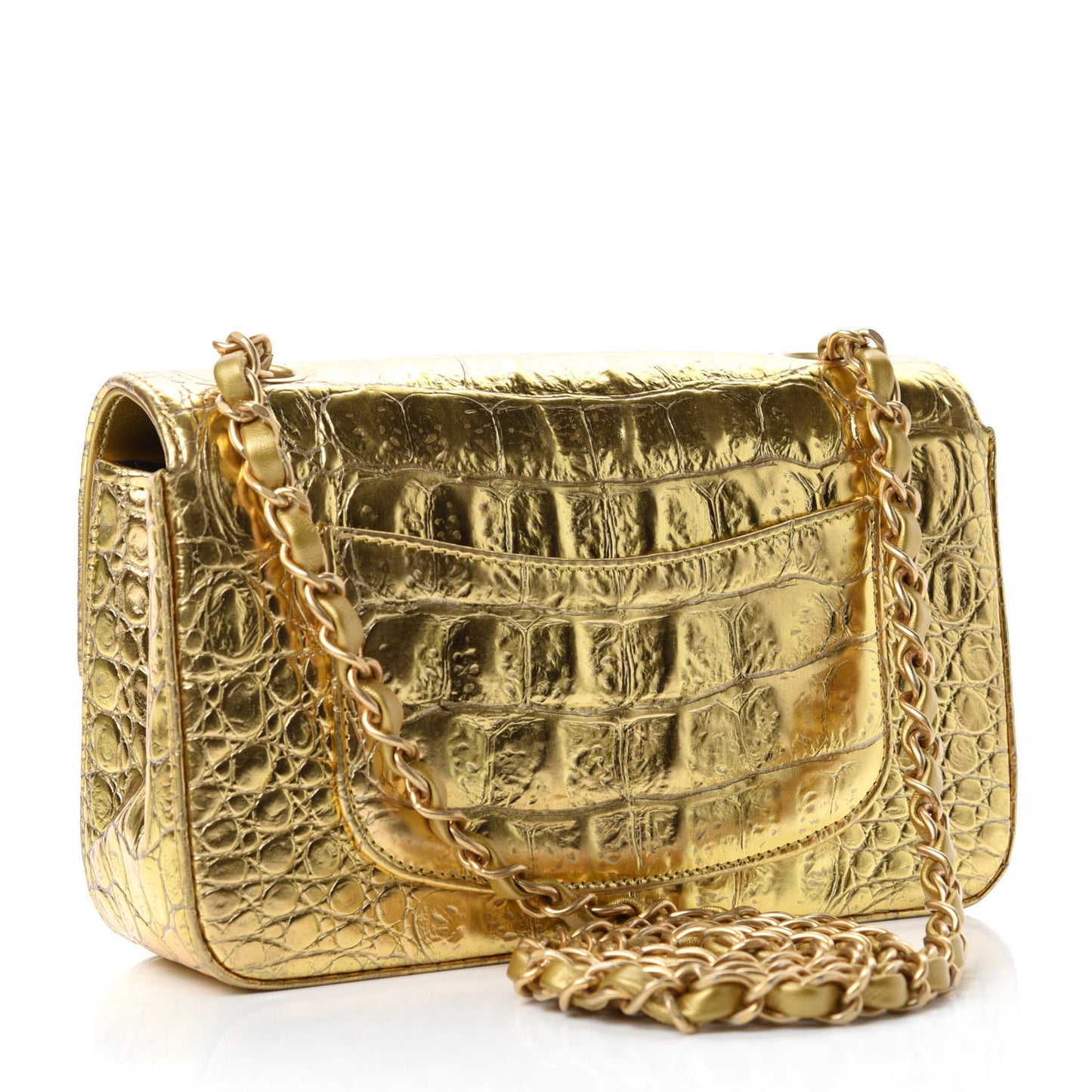Metallic Calfskin Crocodile Embossed Cocodile Rectangular Mini Flap Gold