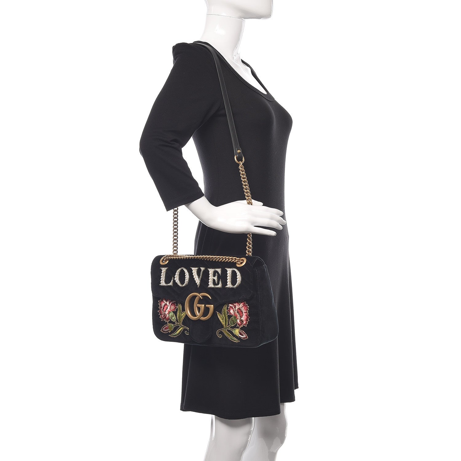 Gucci Velvet Matelasse Loved Embroidered Medium GG Marmont Shoulder Bag Black 2 of 11