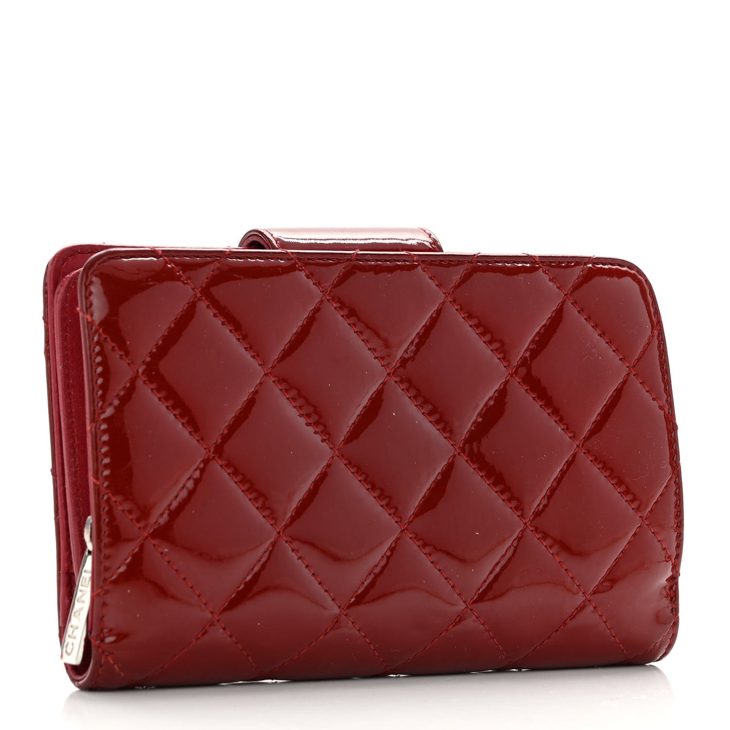 Patent Quilted Brilliant Zipped Pocket Wallet Dark Red