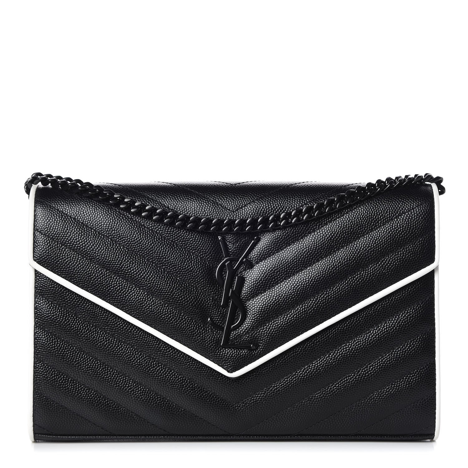 Saint Laurent Grain De Poudre Matelasse Chevron Monogram Chain Wallet Black White 1 of 8