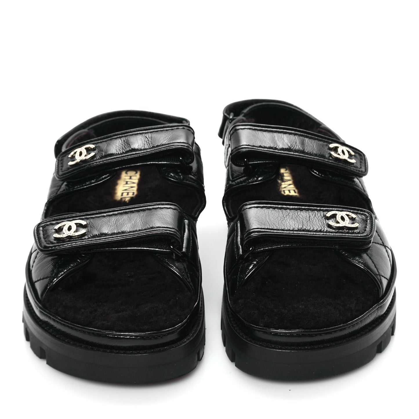 Laminated Lambskin Shearling Crystal CC Velcro Dad Platform Sandals 38 Black