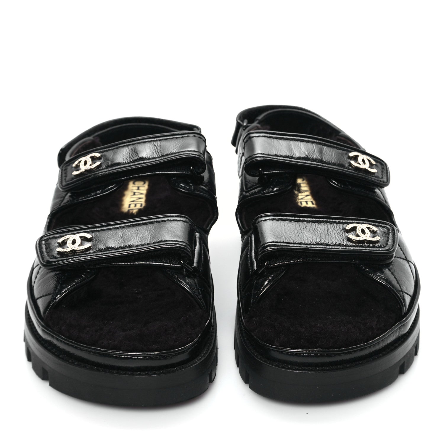 Chanel Laminated Lambskin Shearling Crystal CC Velcro Dad Platform Sandals 38 Black 3 of 11