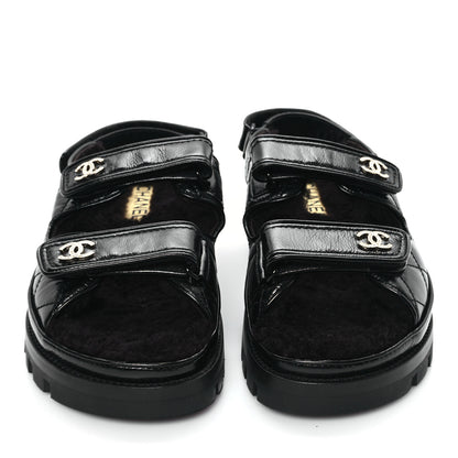 Chanel Laminated Lambskin Shearling Crystal CC Velcro Dad Platform Sandals 38 Black 3 of 11