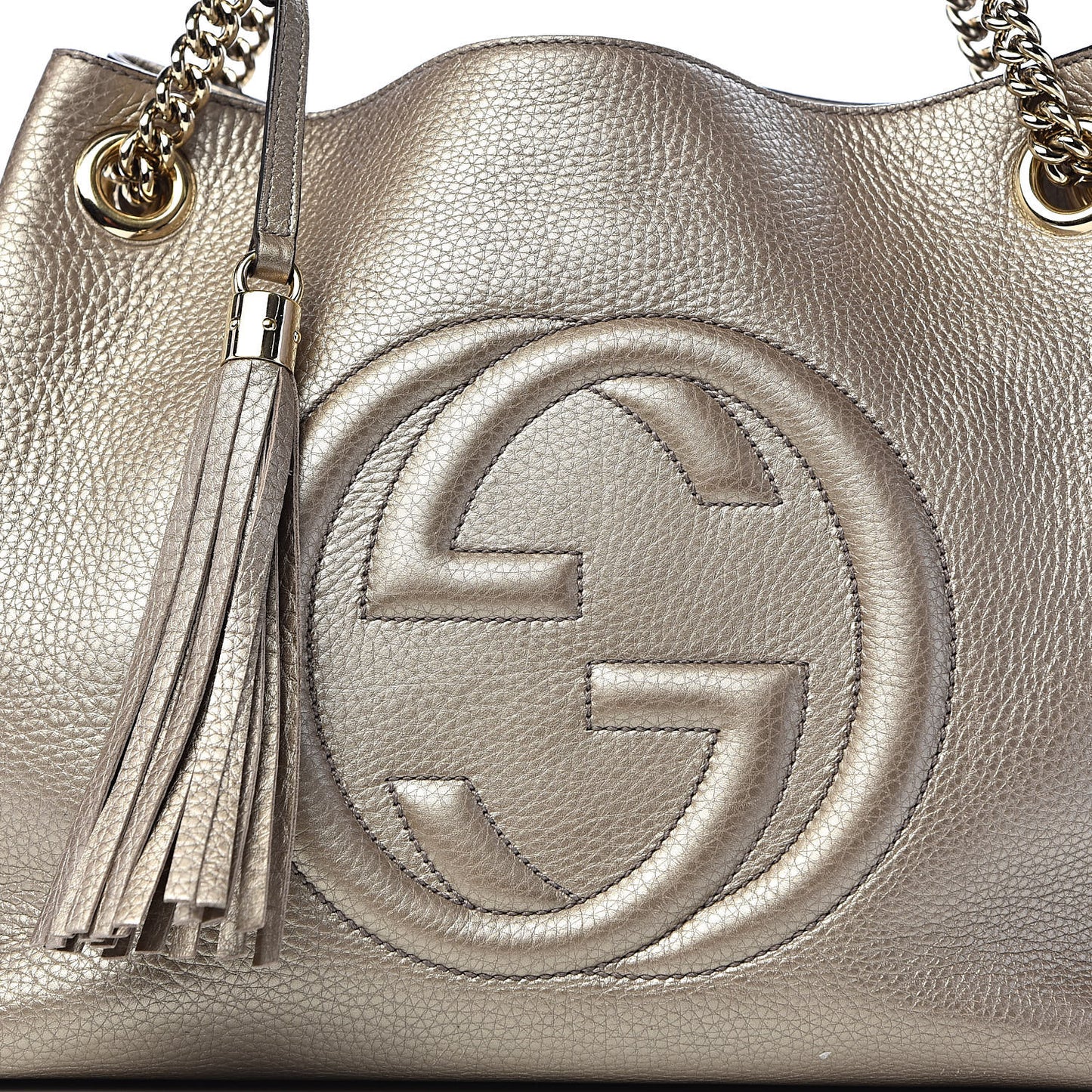 Metallic Pebbled Calfskin Medium Soho Chain Shoulder Bag Golden Beige