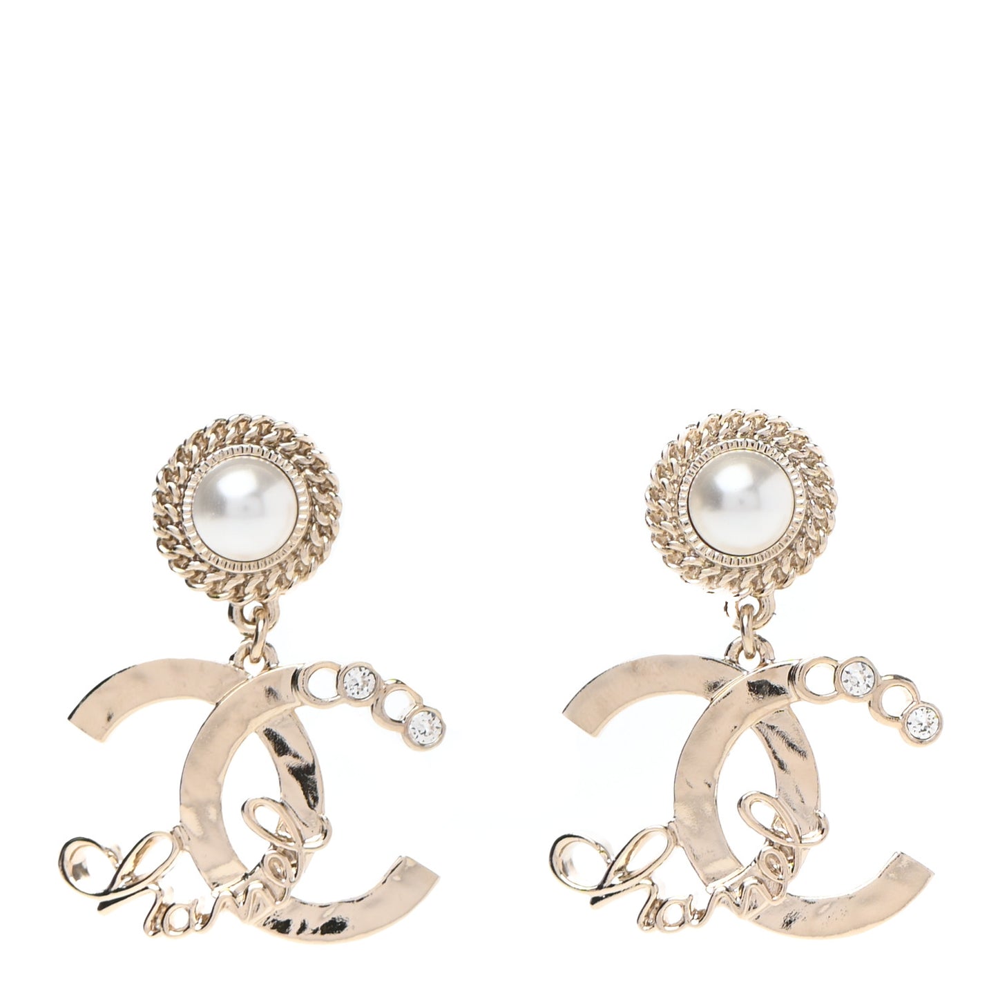 Metal Pearl Crystal Coco Script CC Drop Earrings Gold