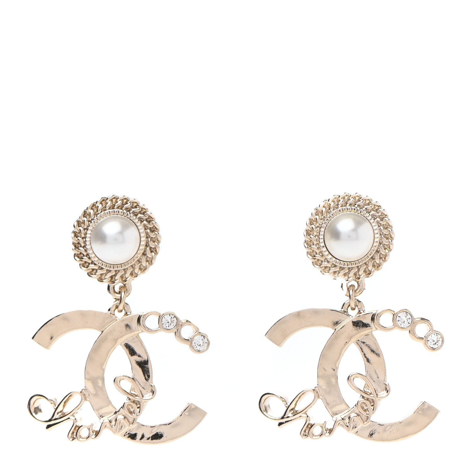 Chanel Metal Pearl Crystal Coco Script CC Drop Earrings Gold 1 of 4