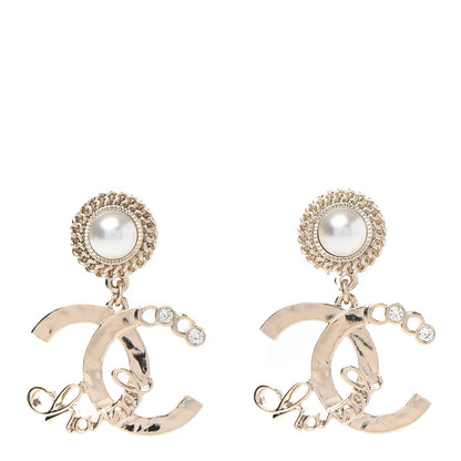 Chanel Metal Pearl Crystal Coco Script CC Drop Earrings Gold 1 of 4