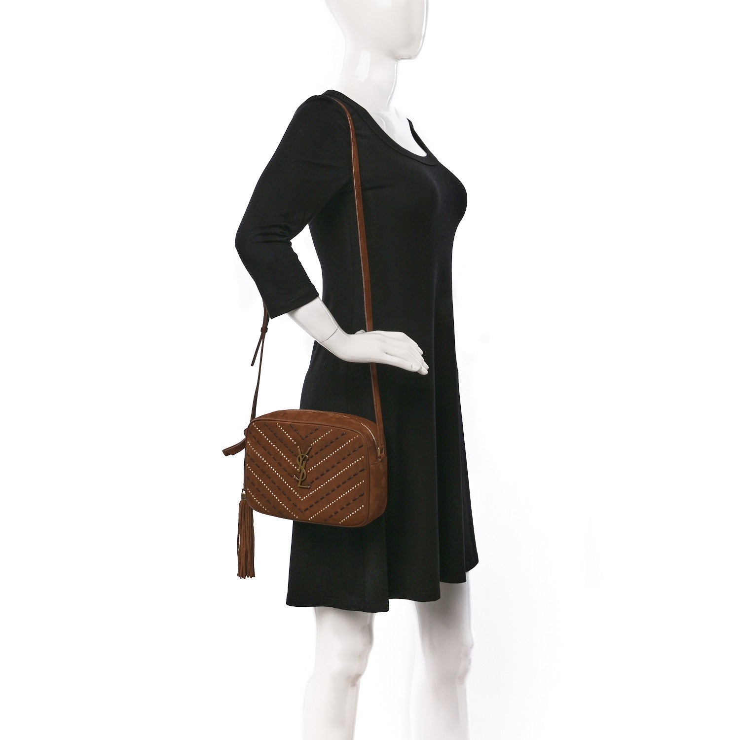 Saint Laurent Suede Studded Woven Monogram Lou Camera Bag Cinnamon 2 of 10