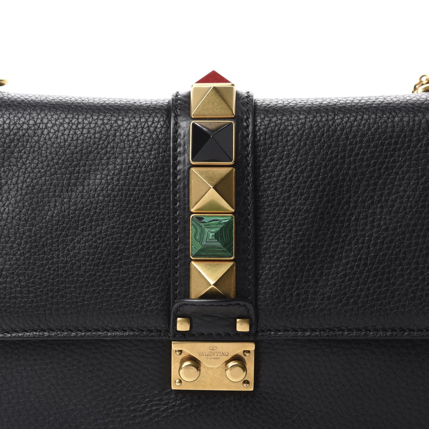 Pebbled Calfskin Medium Rockstud Rolling Glam Lock Rockstud Flap Black