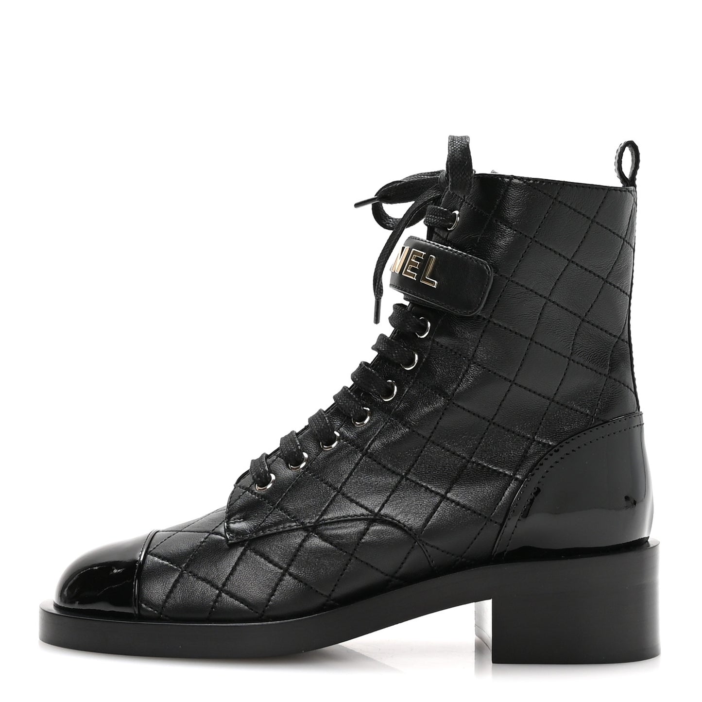 Lambskin Patent Calfskin Quilted Logo Lace Up Combat Boots 39.5 Black