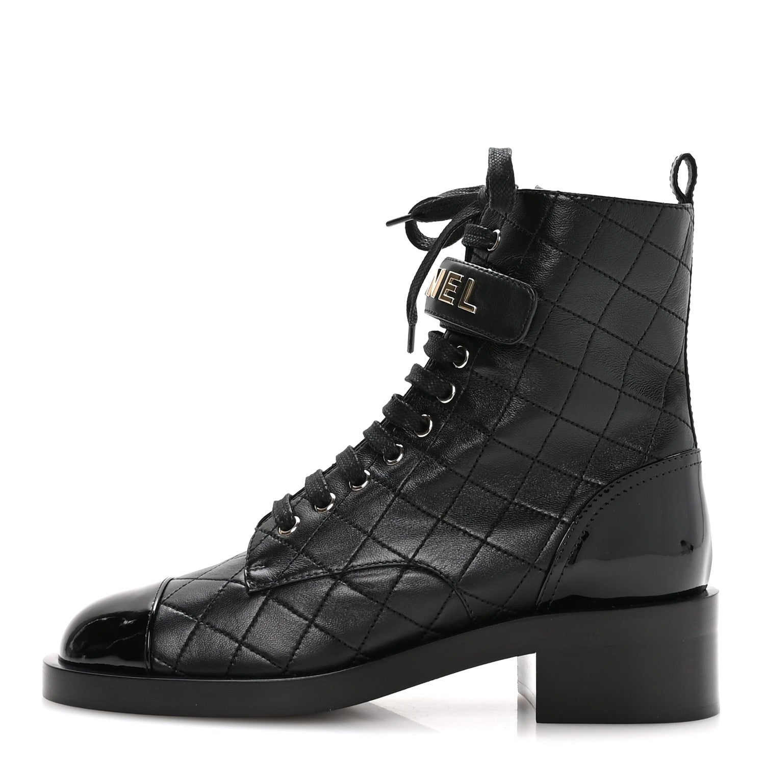Chanel Lambskin Patent Calfskin Quilted Logo Lace Up Combat Boots 39.5 Black 1 of 9